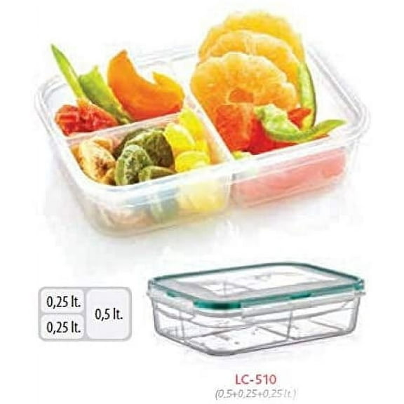 PlastArt 5102 Rectangle Set, Multi Piece Food Storage Container with 3 Divided Removable Compartment, Portion Control Set, 4.2-Cup, 2 Pack, Clear