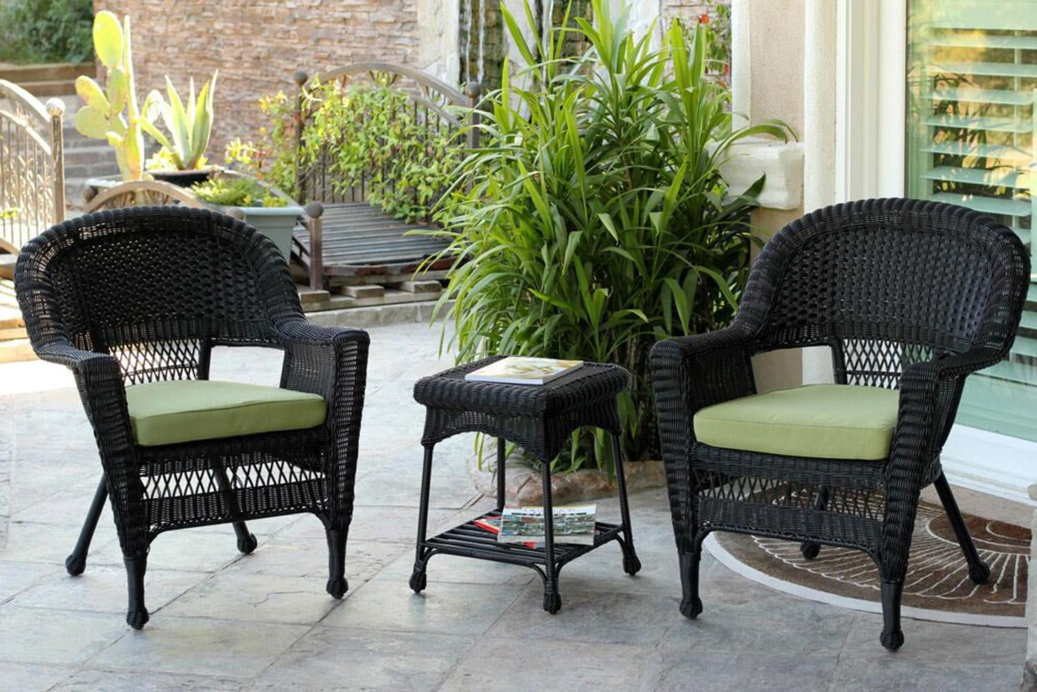 3Piece Black Resin Wicker Patio Chairs and End Table