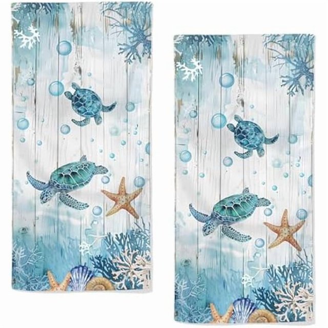 wonima44 Sea Turtle Hand Towels Set of 2 Breathable Ocean Beach Hand Towels Highly Absorbent Tropical Coastal Bath Towels for Gym Hotel Decorative Summer Fast Drying Kitchen Towels 28.7x13.7 Inch