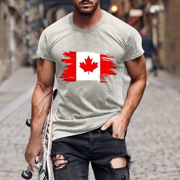 Tops para hombre, blusas y camisas de cuello redondo y manga corta para hombre. Camiseta de cuello redondo y manga corta con estampado de bandera canadiense para hombre. Blusa de algodón y poliéster p