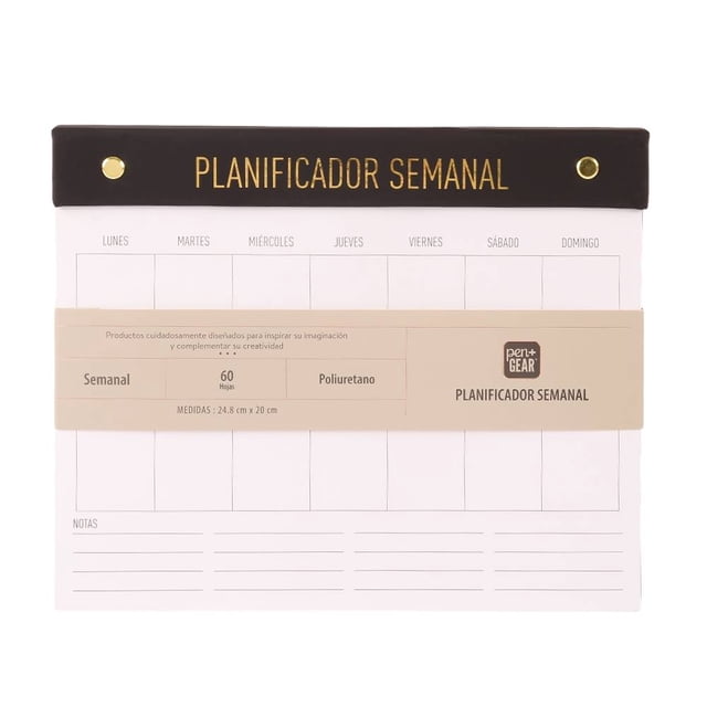 planificador pen + gear semanal 60 hojas bloc semanal de escritorio con solapa negra y letras doradas "PLANIFICADOR SEMANAL", páginas blancas con casillas de Lunes a Domingo, banda beige que indica 60 hojas y poliuretano, sección de notas al pie; tamaño compacto adecuado para organizar la semana.