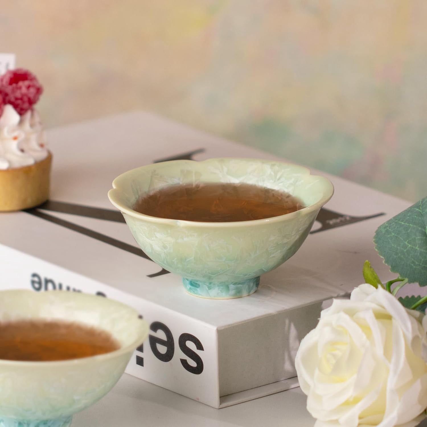 Ceramic Tea & Coffee Cups Set of 2 - Vintage Crystalline Glaze Espresso Mugs, 2.5oz Hand Painted for Afternoon or Coffee, Birthday Gift Women Men, Pu'er Cup