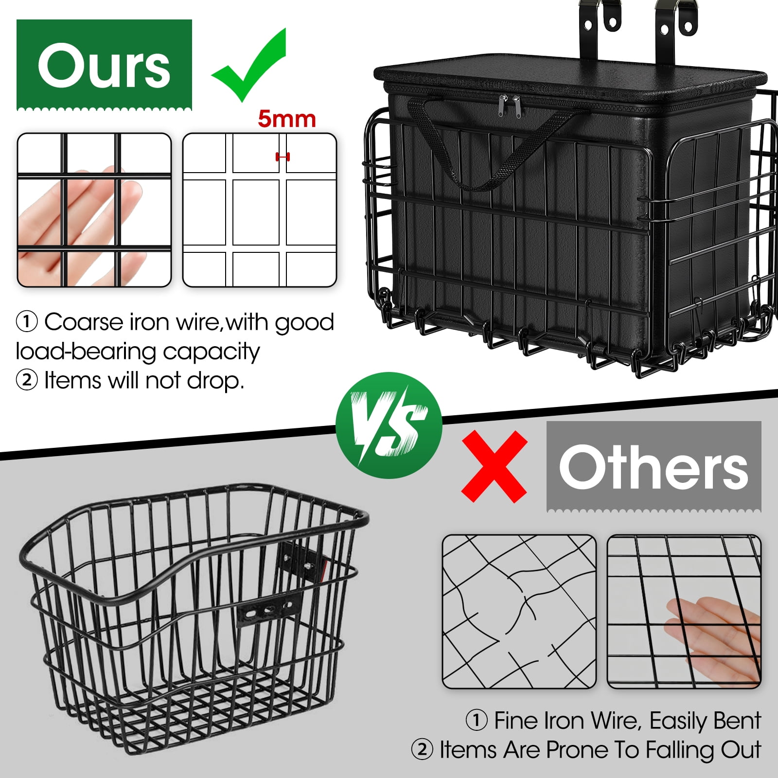 Bike Basket Front, Folding Bicycle Basket with Removable Waterproof Liner Bag, Rear Bike Cargo Rack, Bike Baskets for Adult Bikes Carrying Dogs,Pet,Grocery,Quick Release Design