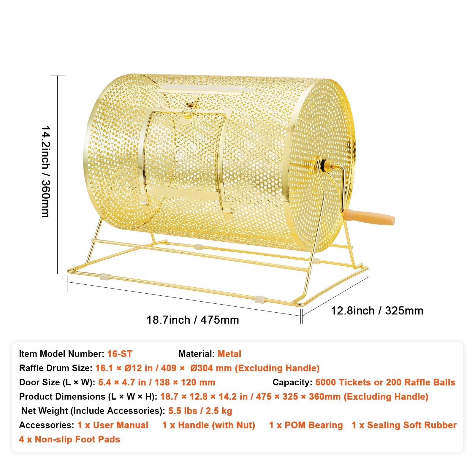 Raffle Drum, Holds 5000 Tickets or 200 Ping Pong Balls, Metal Lottery Spinning Drawing with Wooden Turning Handle, 16.1 x Ø12 inch Brass Plated Raffle Ticket Spinning Cage, for Bingo Ballot Part