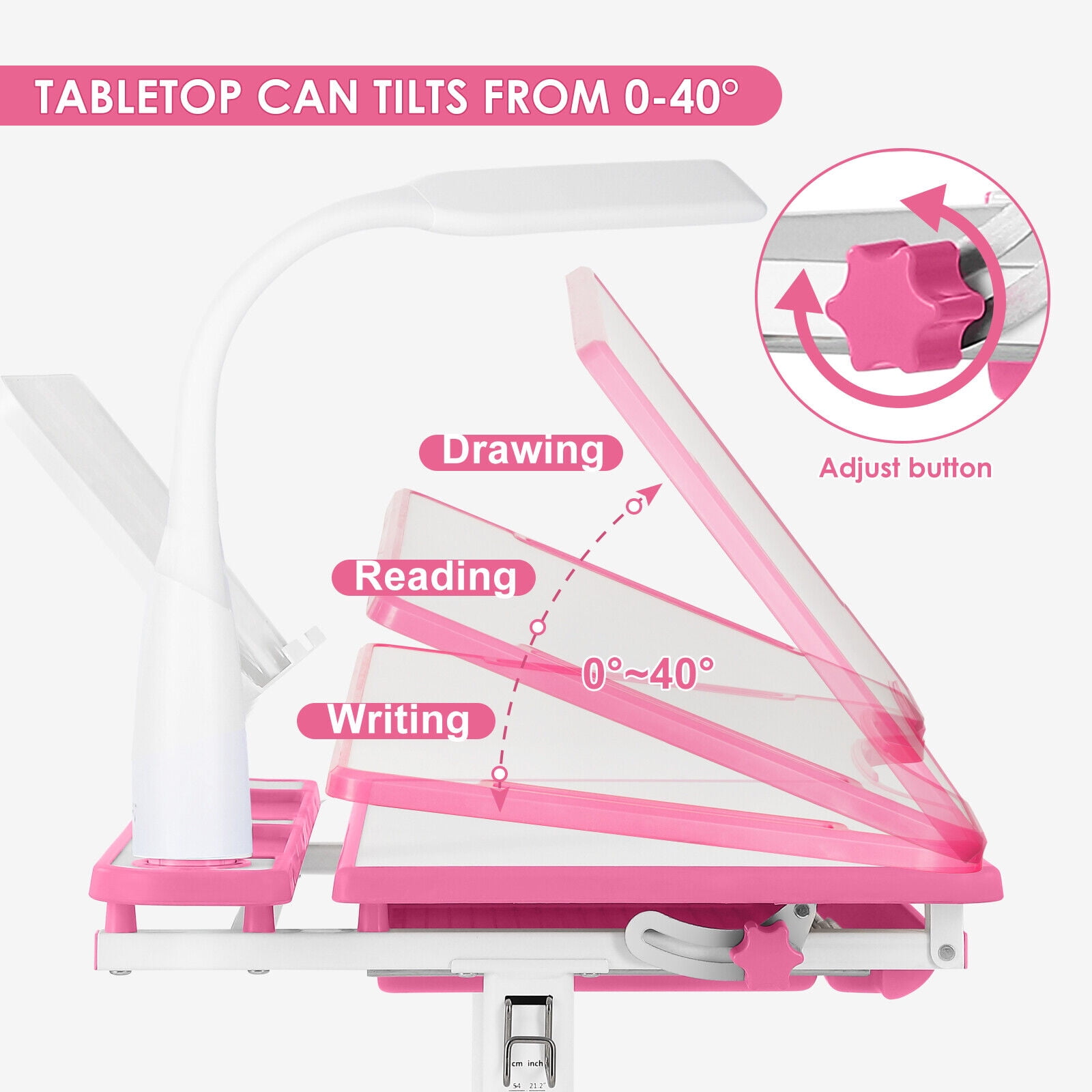 Artist Hand Kids Study Desk and Chair Set Height Adjustable Children Table Large Writing Board Desk with LED Lamp, Pull Out Drawer, Bookstand (Pink)