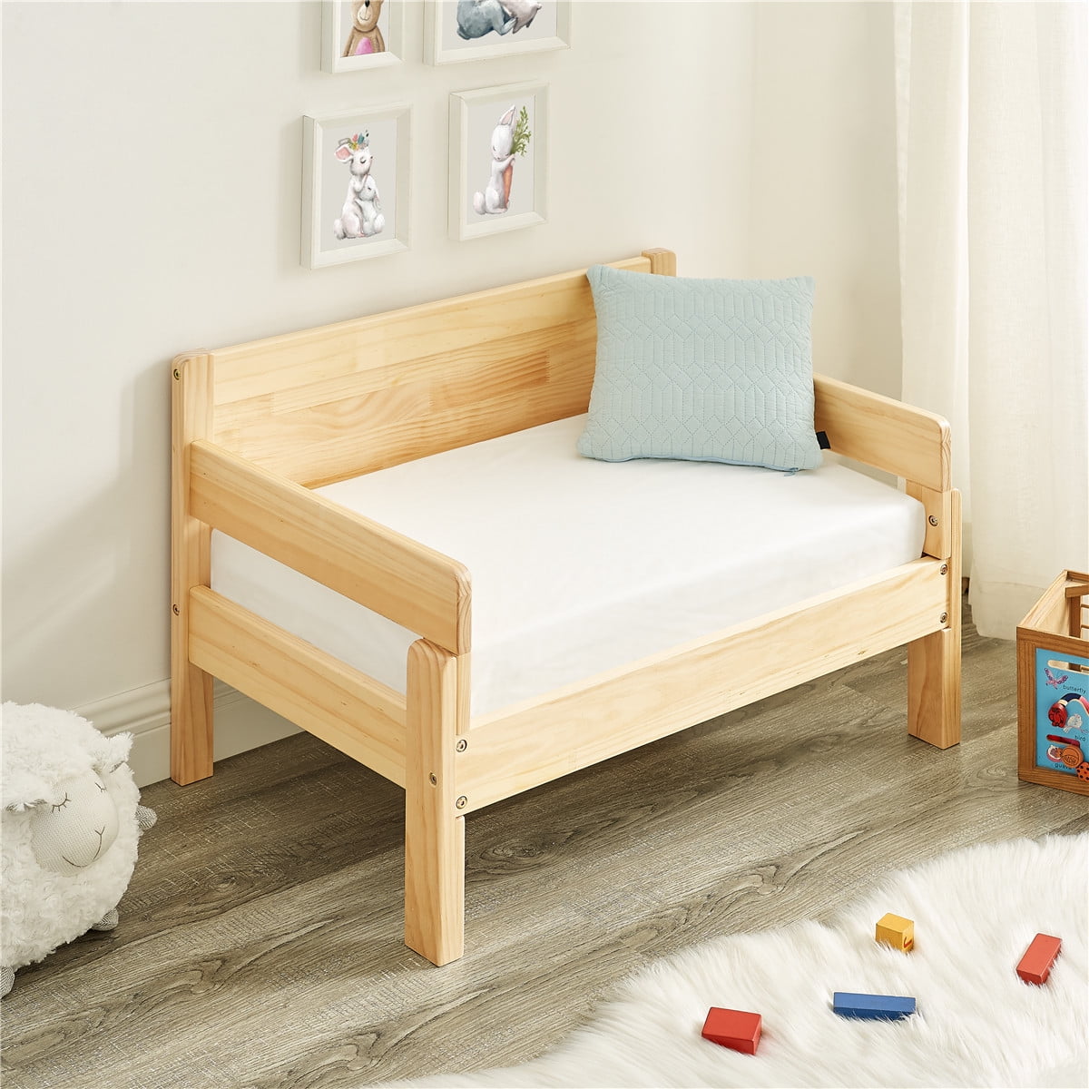 Children Bed Frame Convert to one Chair/Sofa Mattress not Included MUSEHOMEINC 2 in 1 Convertible Toddler Bed,Multifunctional Solid Wood Kids Bed w/ 2 Side Guardrails Fits Standard Crib Mattress, 