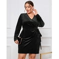 thumbnail image 3 of Women's Plus Size V Neck Dress Long Sleeve Velvet Wrap Swing Dresses, Black, 3 of 7