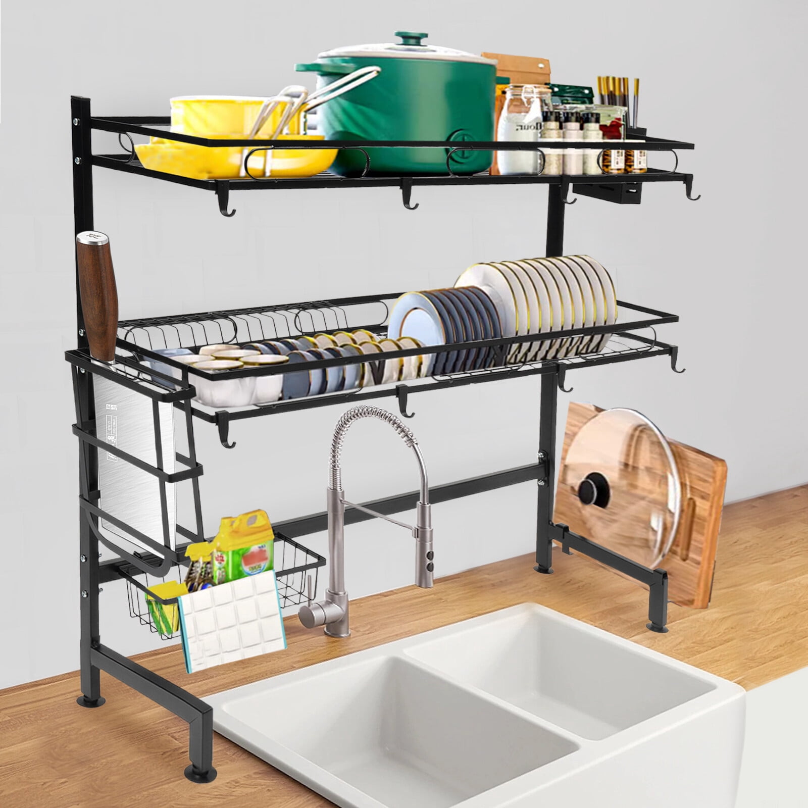 2 Tiers Over Sink Dish Drying Rack Cutlery Drainer Kitchen Shelf Cup Organizer Black for Home Kitchens