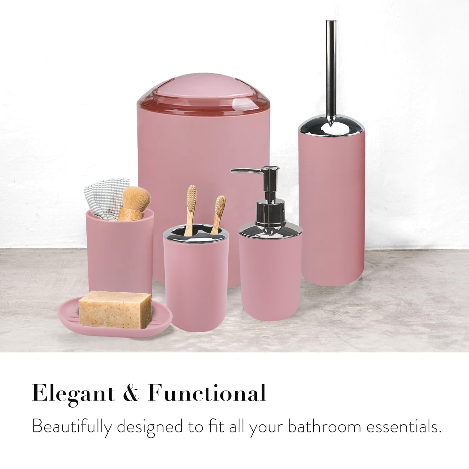 Bathroom Accessories Set 6 Pcs Bathroom Set Ensemble Complete Soap Dispenser Toothbrush Holder Tumbler Soap Dish Toilet Cleaning Brush Trash Can, Pink