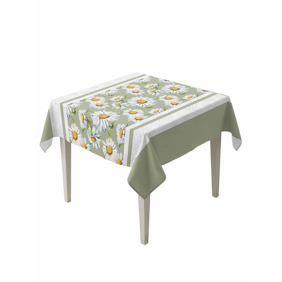 Sage Green Daisy Table Cloth, Farmhouse Floral Green Striped Waterproof Tablecloth for Square Tables, Reusable Washable Fabric Table Cover for Restaurant Kitchen Dining Tables 54"x54"