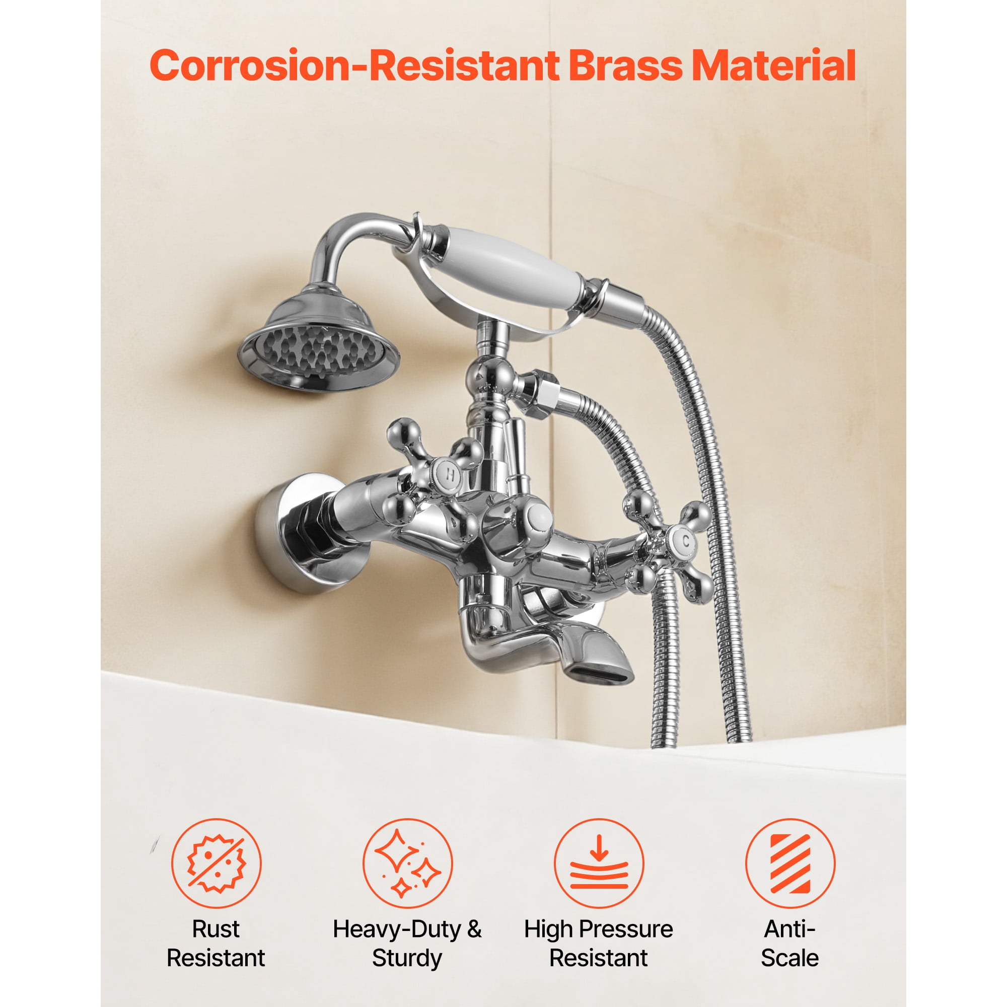 KFFKFF Wall-Mounted Clawfoot Tub Faucet with Handheld Shower, Vintage Polished Chrome Bathtub Filler Kit Featuring Adjustable Swing Arms and 360° Rotating Spout