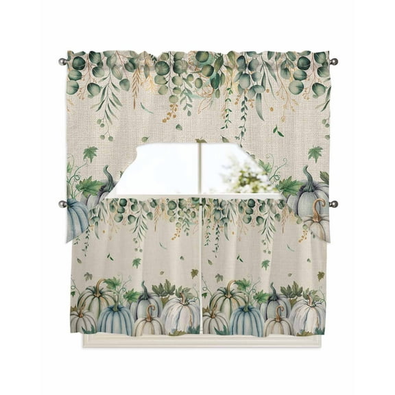 Green Blue Pumpkins Fall Kitchen Curtains Swag Valance and Tier Curtains Set 24 Inch Length, Thanksgiving Eucalyptus Leaves Rustic Rod Pocket Drape Panels Pair Swag Curtains for Bathroom/Cafe/Window