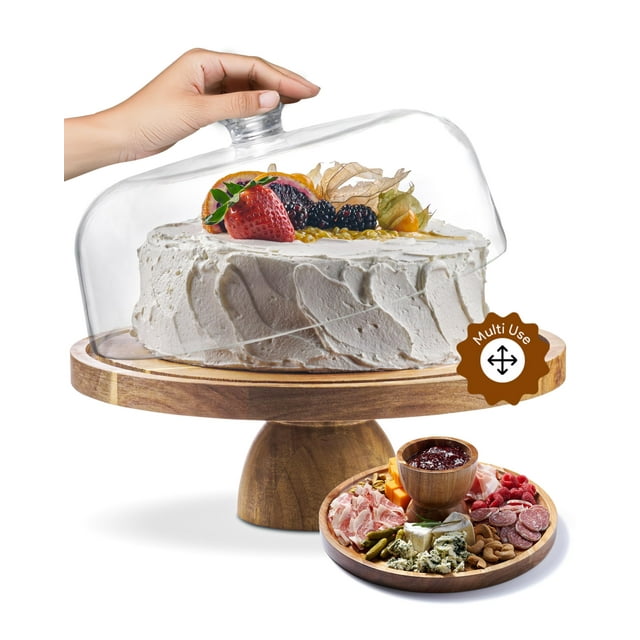 Soporte para tartas HOMESPHERE de madera de acacia con tapa de 30 cm con cúpula acrílica