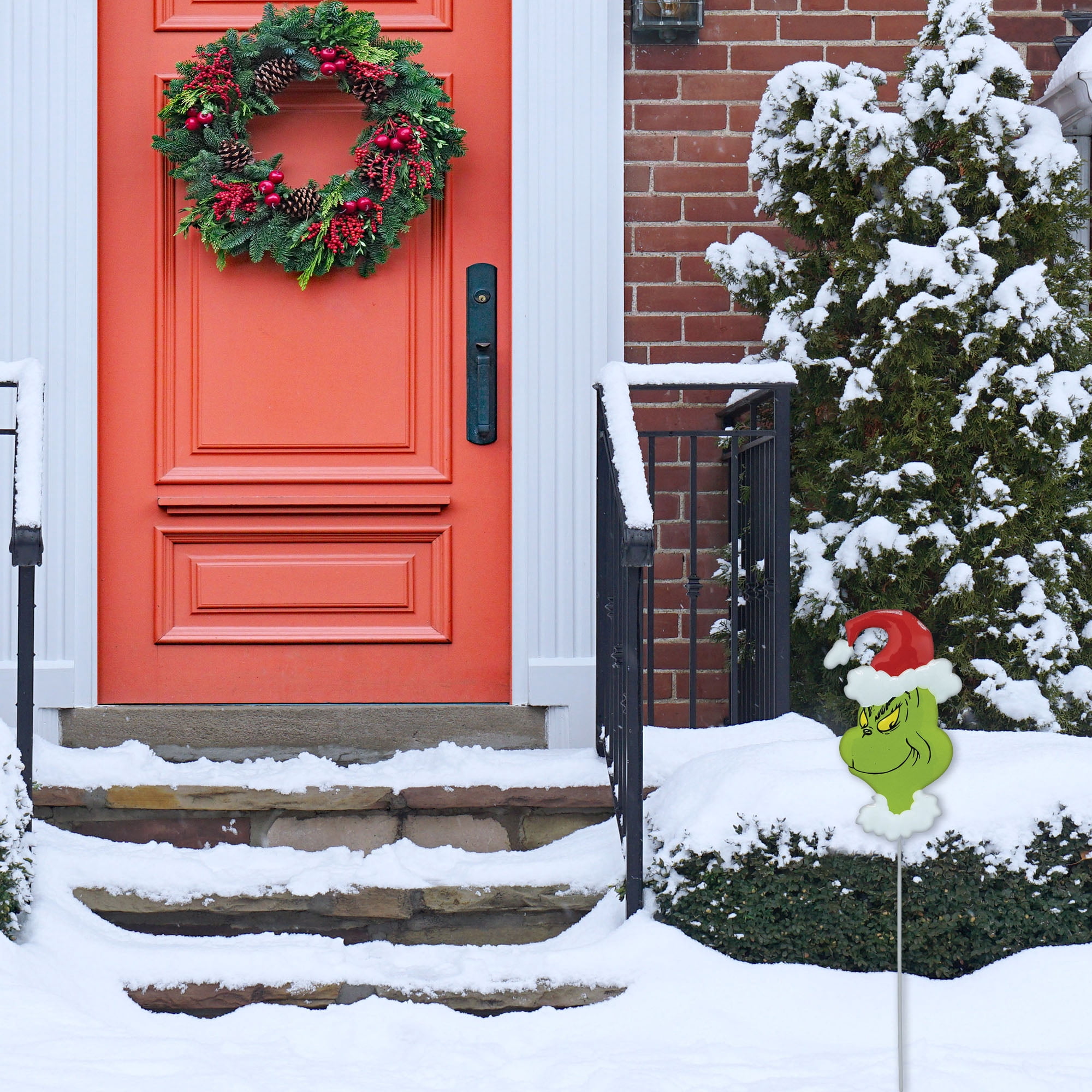 The Grinch Santa Hat Mini Tin Yard Stake – 15 Inch Holiday Outdoor Decoration