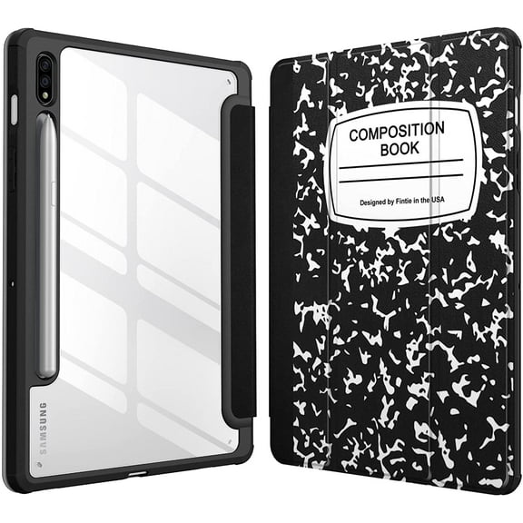 Fintie Shockproof Case for Samsung Tab S8 11 2022/ Tab S7 11 inch 2020 Tablet, Built-in S Pen Holder Hybrid Slim Cover Clear Transparent Back Shell, Auto Wake/Sleep, Composition Book Black