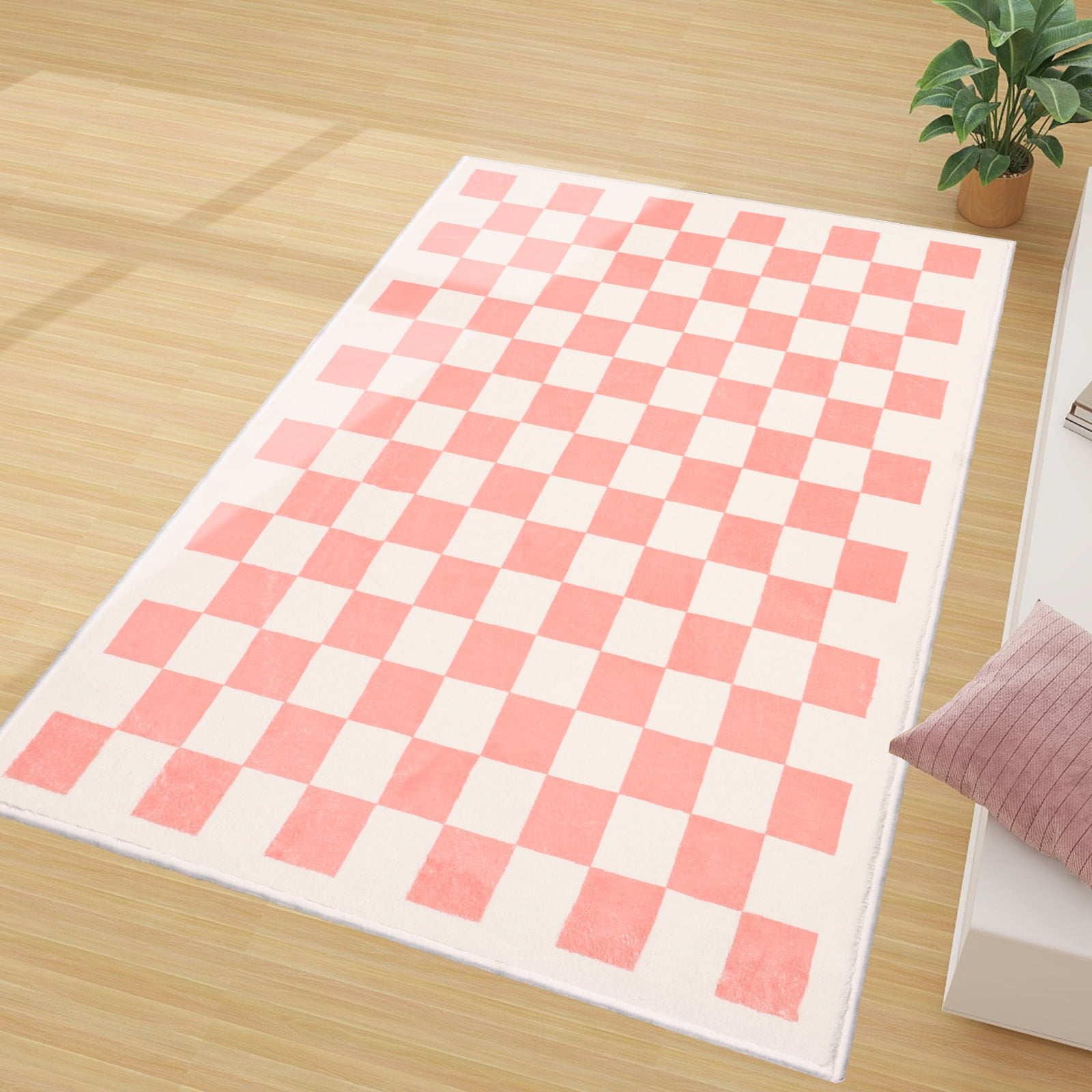 Area Rugs for Bedroom Living Room, 3' x 5' Checkered Rug Retro Checkerboard Moroccan Rug Lightweight Outdoor Washable Carpet Rustic Decor for Living Room Bedroom Kitchen Patio(Pink/White)