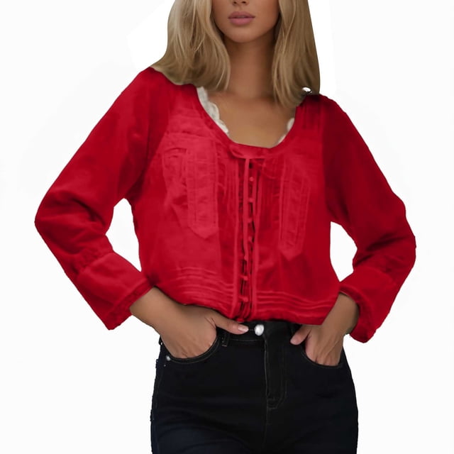NINGMENG Womens Tops Solid Color Lace Tie Front Long Sleeve Button Up Chiffon Cardigan Flowy Boho Tee Shirts Activewear,Red,L