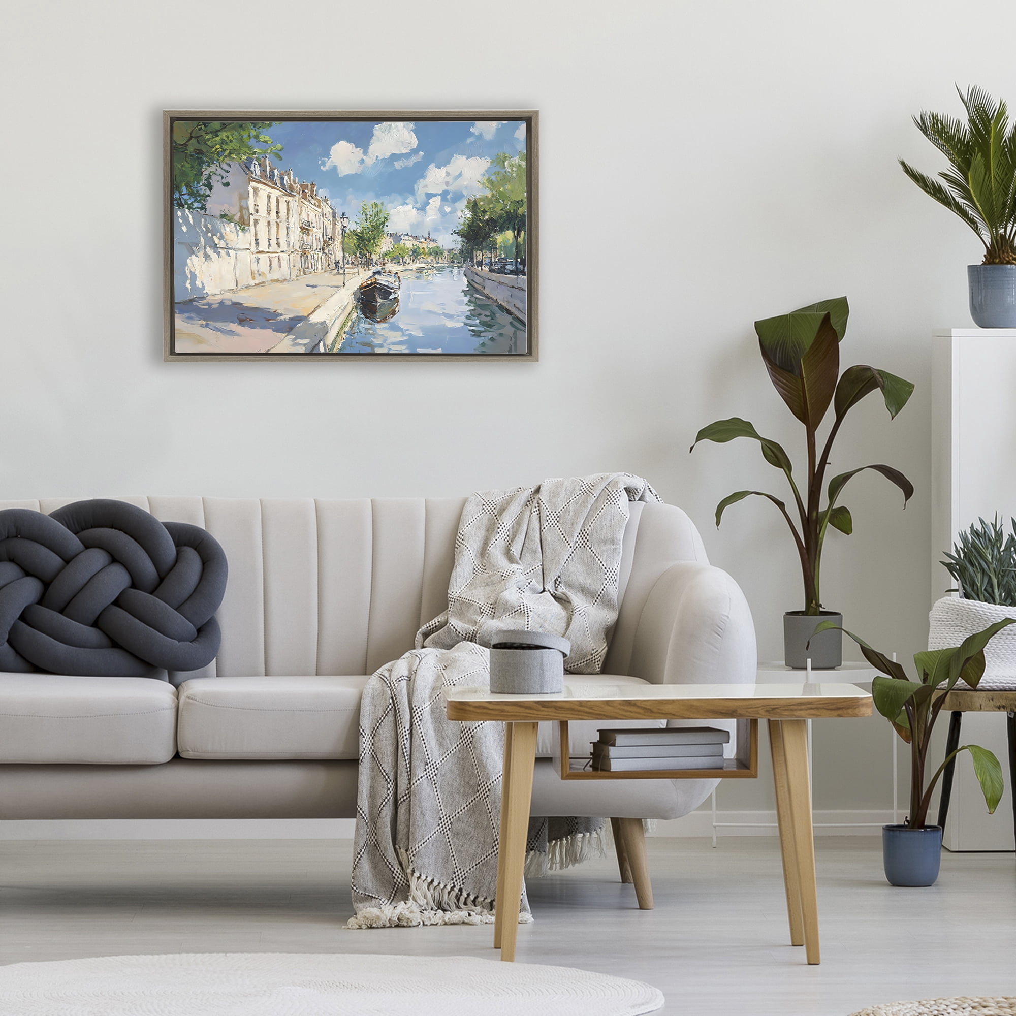 Stupell Industries Boat in Canal Summer Reflection Brown Framed Floater Canvas Wall Art, design by Creative Studio