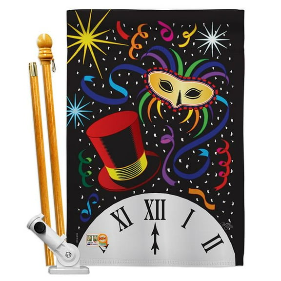 Breeze Decor BD-NE-HS-116002-IP-BO-D-US98-BD 28 x 40 in. Mid Night Winter New Year Impressions Decorative Vertical Double Sided House Flag Set & Pole Bracket Hardware