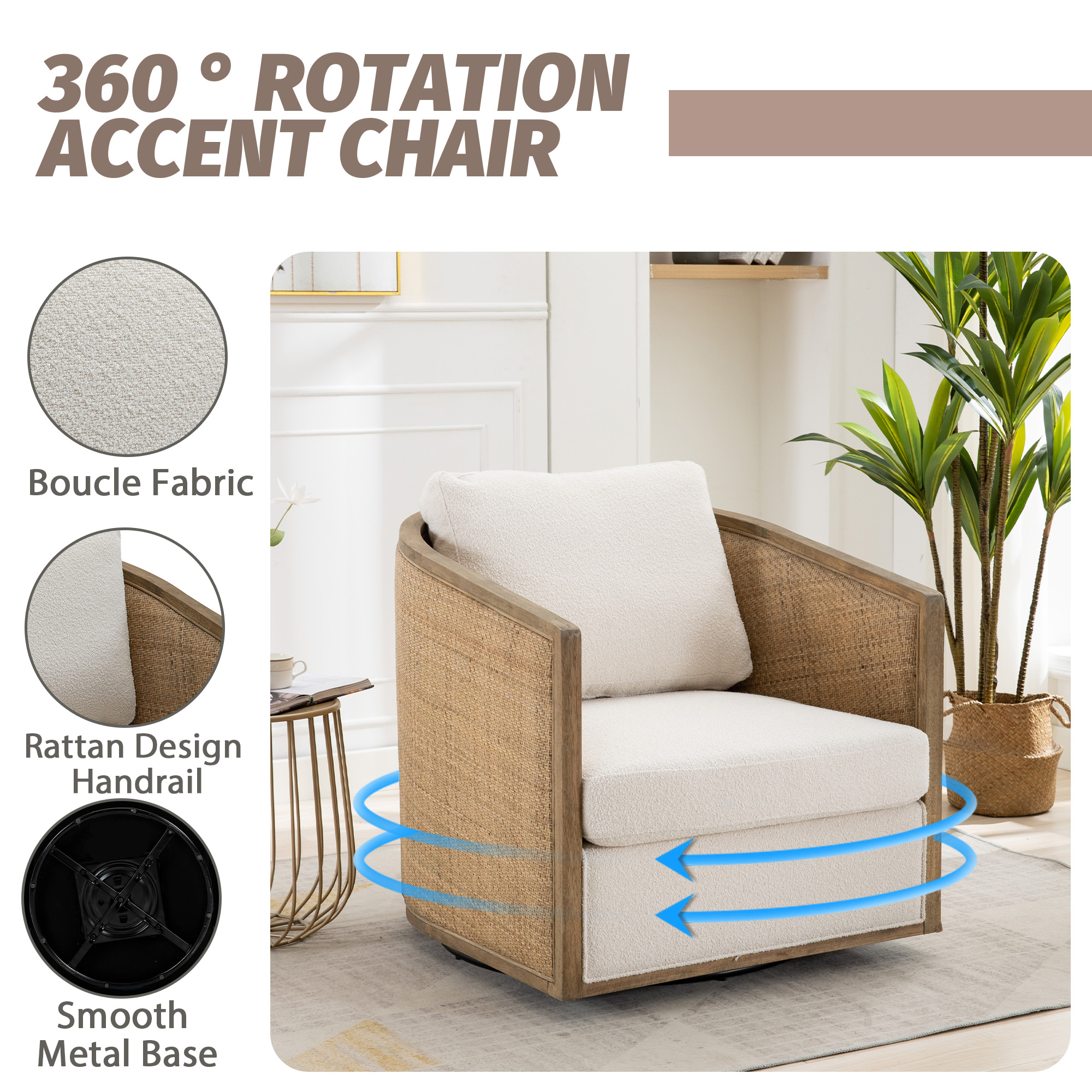 MOONMISS Boucle Upholstered 360°Swivel Hardwood and Rattan Frame Round Barrel Chair-Beige
