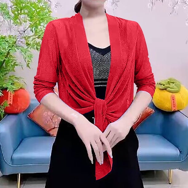 ICHUANYI Clearance Women Soft Chiffon Open Front Sheer Long Sleeved Cardigans For Evening Dress(Red, XL) ICHUANYI WER2023081111689