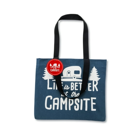 Camco Life is Better at The Campsite Canvas Tote Bag with Magnetic Closure and Zippered Interior Pocket - Reusable Grocery Bag, Beach Bag - Denim Blue (53202)