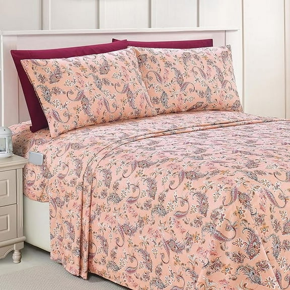 Elegant Comfort Bed Sheets Paisley Pattern - 1500 Series Hotel Quality Microfiber Softness Wrinkle and Fade Resistant (6-Piece) Bedding Set, California King, Paisley Coral