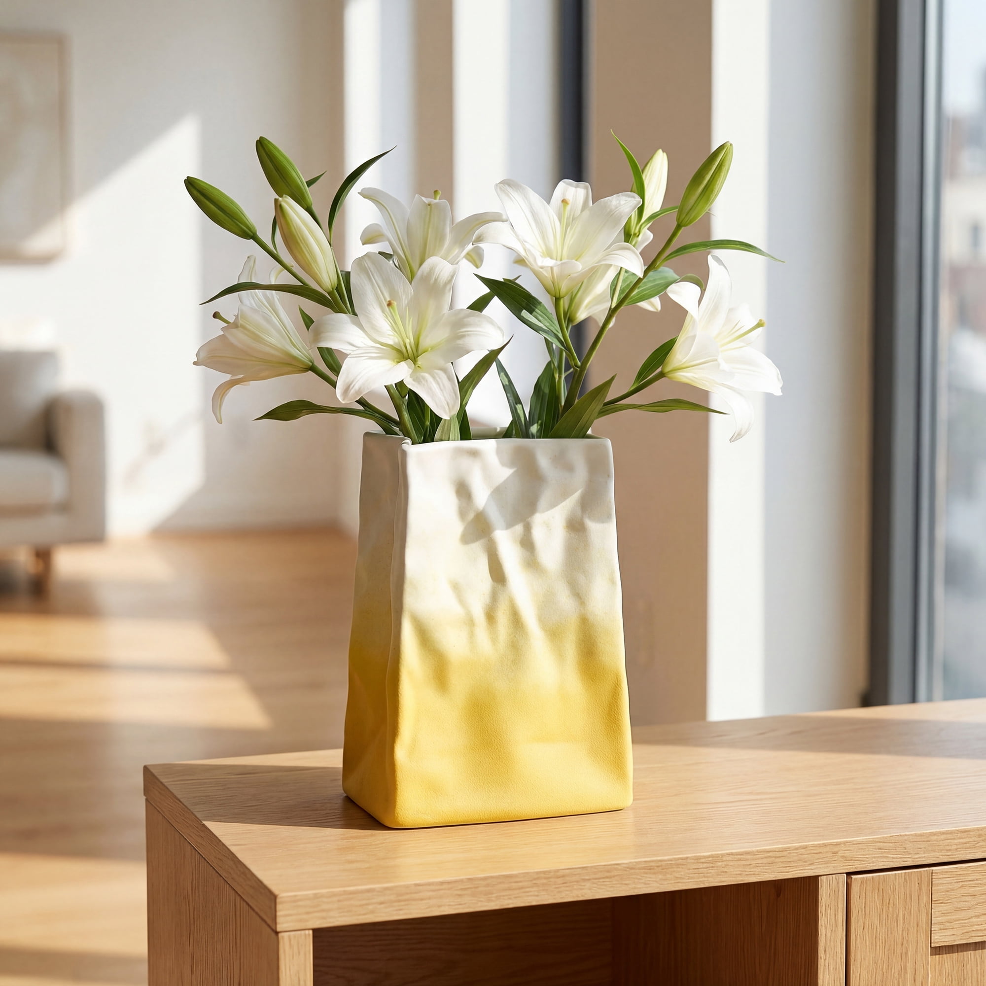 Unique Bargains Ceramic Matte Vase Retro Round Bottle Gradient Yellow 5.0" x 2.8" x 6.7"