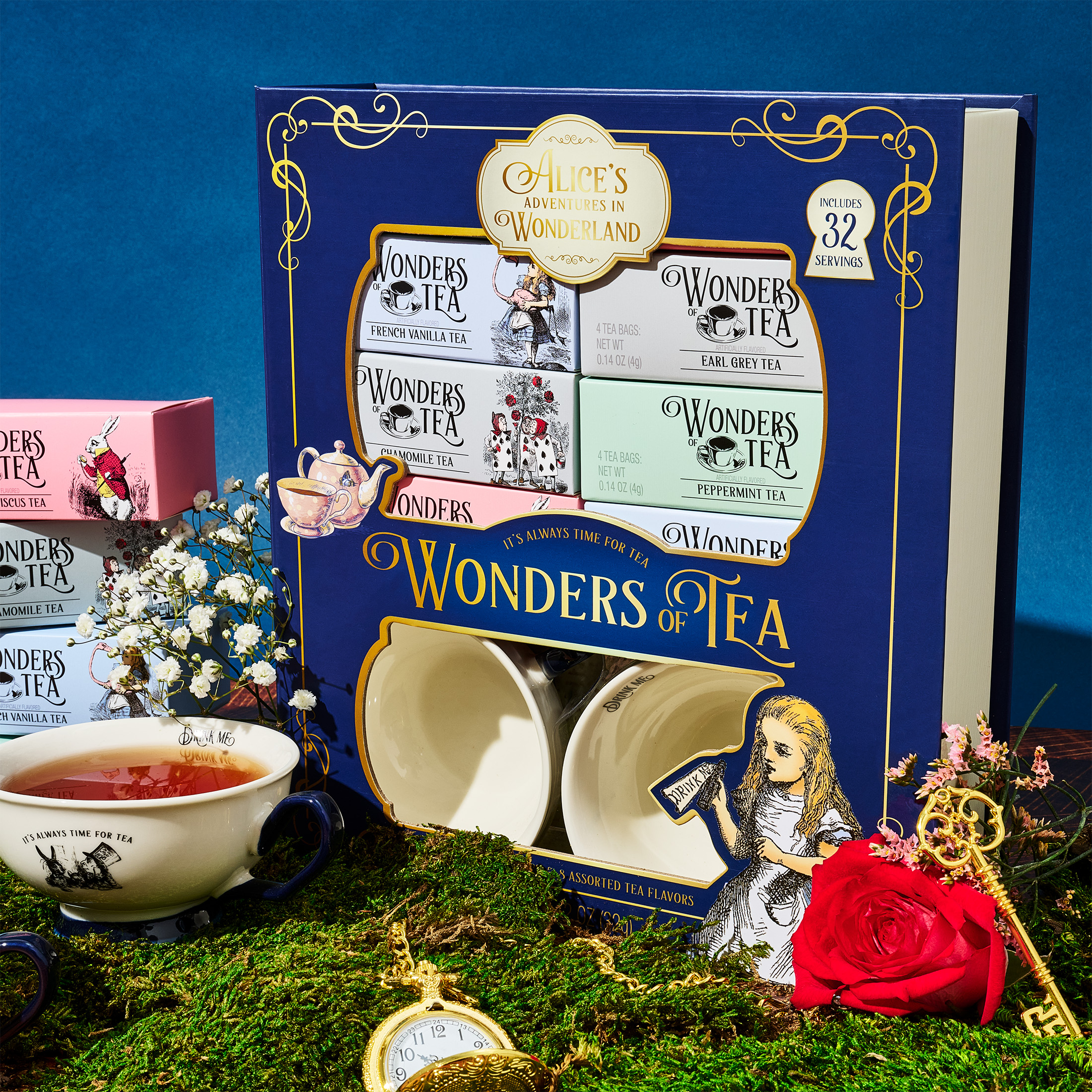 Thoughtfully Alice’s Adventures in Wonderland Tea Bags Gift Set with 2 Ceramic Cups, Herbal, Black, and Green Flavors, 34 Count