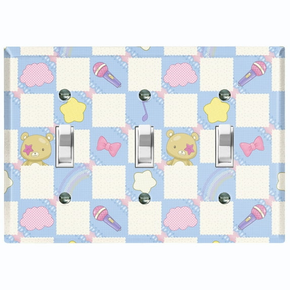Metal Light Switch Wall Plate Outlet Cover (Blue White Toy Chest Crate Box Star Check Pattern - Triple Toggle)