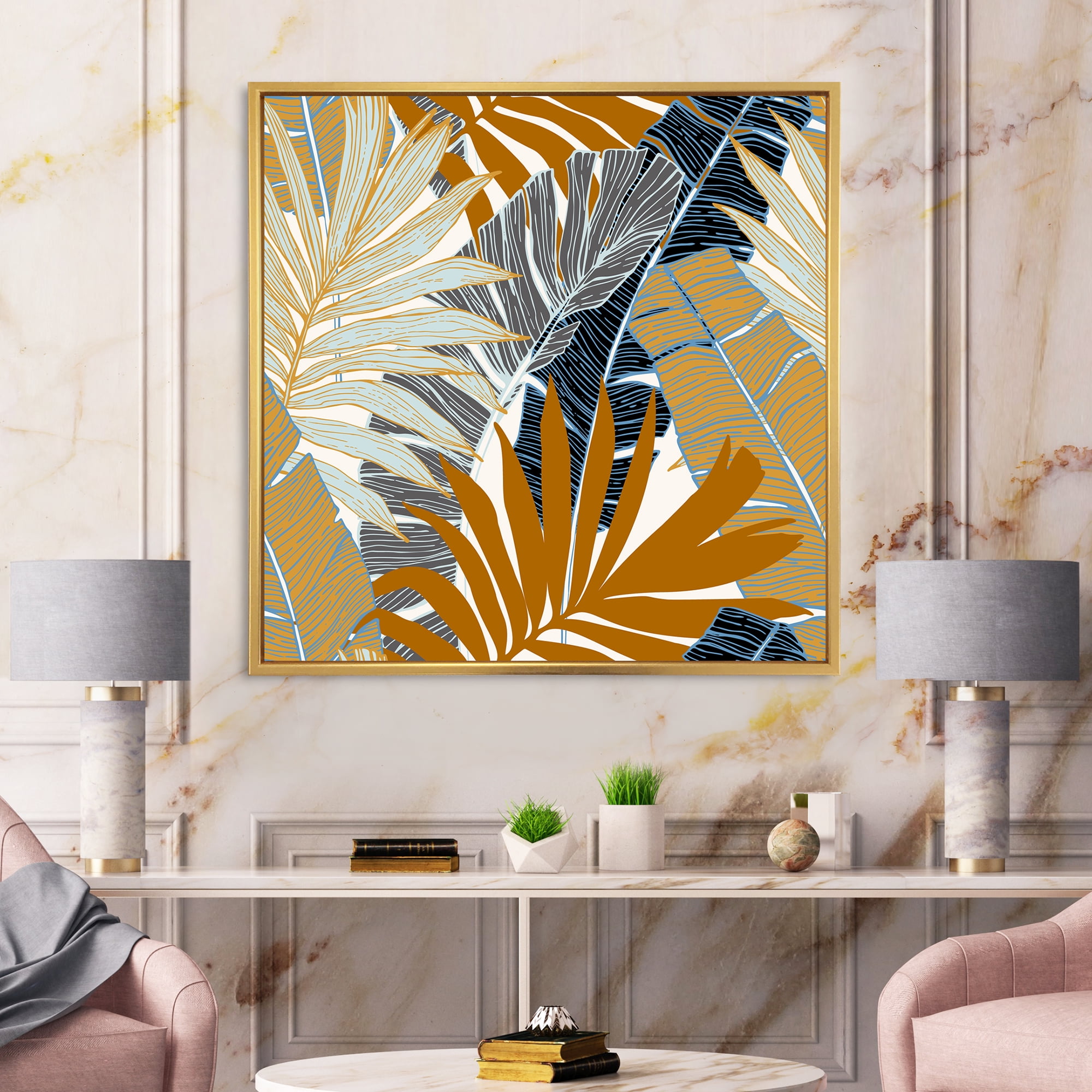 Designart 'Abstract Tropical Summer Banana Leaves and Palm Tree' Modern Framed Canvas Wall Art Print