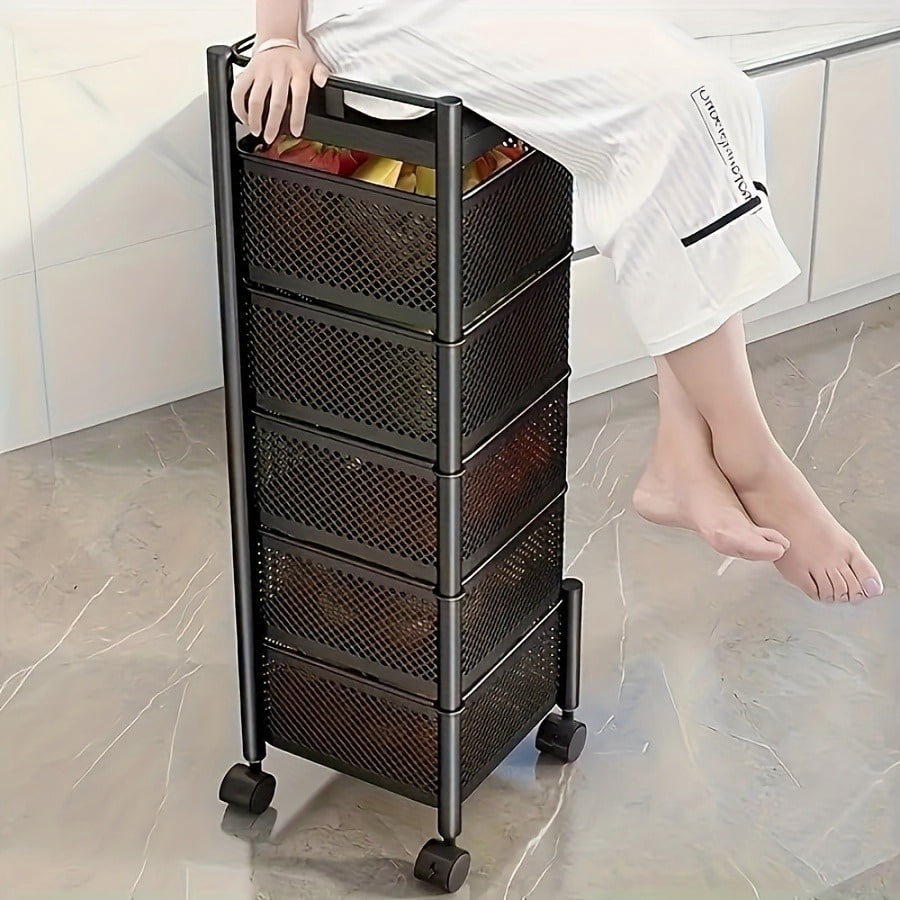 5 Tier Rotating Kitchen Storage Shelf, Metal Fruit Vegetable Storage Basket Multi-Layer Vegetable Rack Storage Trolley on Wheels, Floor-Standing Basket for Kitchen Bathroom, Square