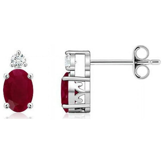 ANGARA Natural Basket-Set Oval Ruby Stud Earrings with Diamond in 925 Sterling Silver for Women (Size-5x3mm) | July Birthstone, Birthday, Anniversary, Jewelry Gift for Women | Natural Ruby Earrings
