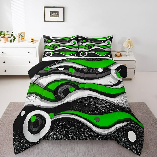 Erosebridal Circle Stripes Comforter Sets Queen Size,Black Green Bedding Queen Comforter Set,Microfiber Reversible Bedding Sets Queen with Comforter,Geometric Room Decorative,3 Pieces