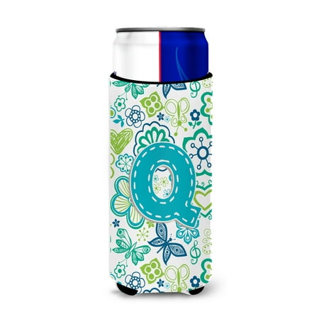 

Caroline s Treasures CJ2006-QMUK Letter Q Flowers and Butterflies Teal Blue Ultra Hugger for slim cans Slim Can multicolor