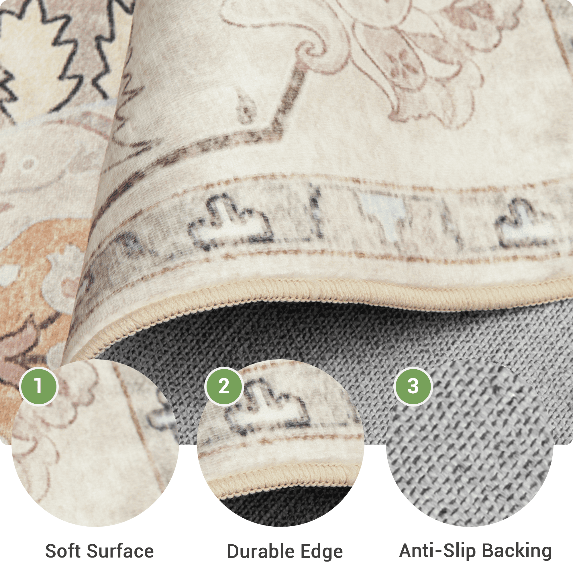 NewBuros Area Rugs 5'x7' Washable Non-Slip Boho Rugs, Soft Stain Resistant Low Pile Print Indoor Carpet for Living Room Bedroom Dining Room, Cream