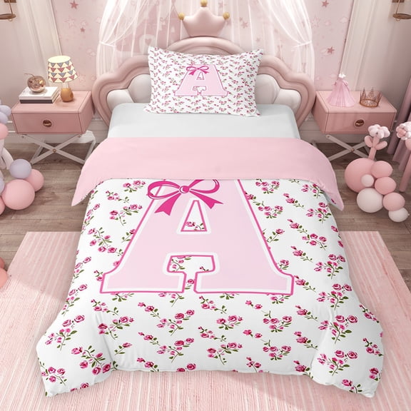 Erosebridal Pink Ribbon Floral Twin Bedding for Girls, Personalized Inital A Duvet Cover Set, Pink Reversible 2-Piece, 1 Duvet Cover and 1 Pillowcase (No Comforter)