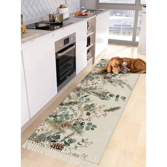 Christmas Entryway Runner Rug 2x4ft,Xmas Botanical Pinecone Eucalyptus Leaves Rustic Washable Woven Living Room Hallway Bedroom Kitchen Carpet with Tassels,Indoor Outdoor Throw Door Mat for Entryway