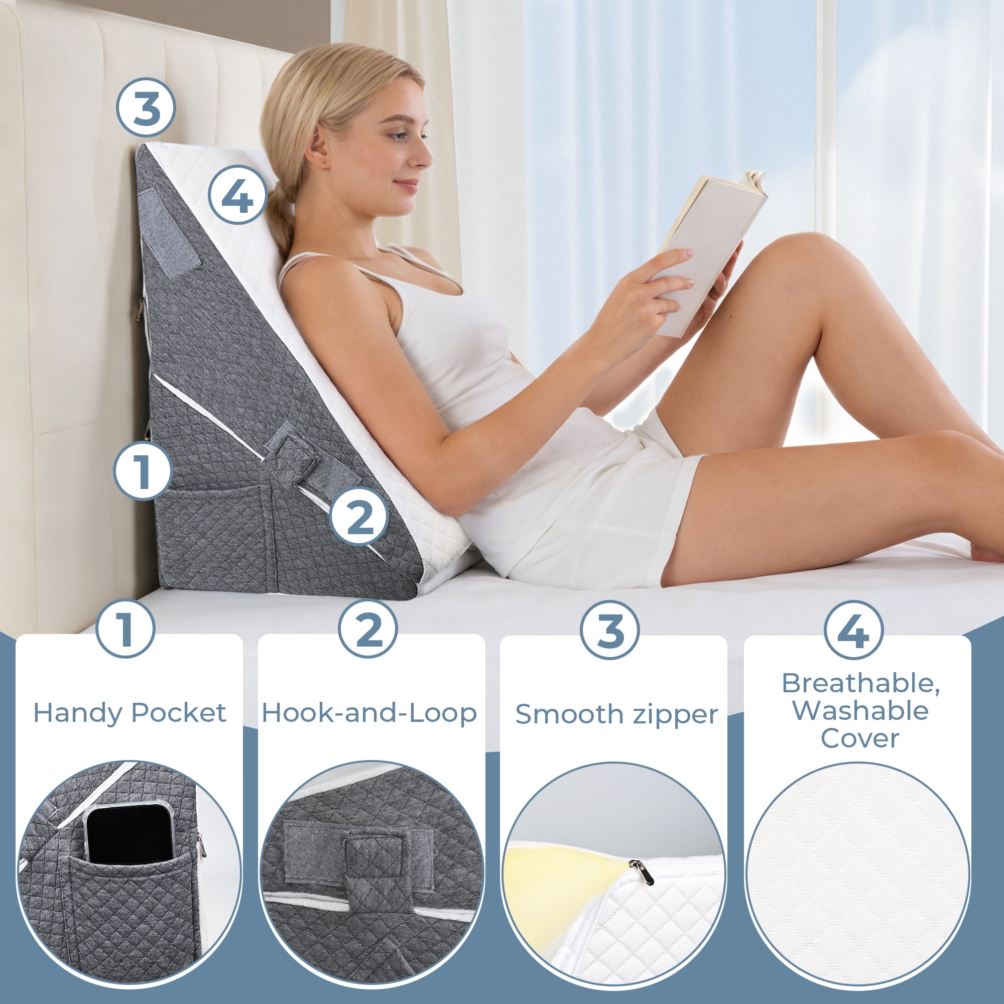 Riousery Wedge Pillow Set for Sleeping, 3-Piece Adjustable Memory Foam Support for Back, Legs and Knees, Removable Washable Covers