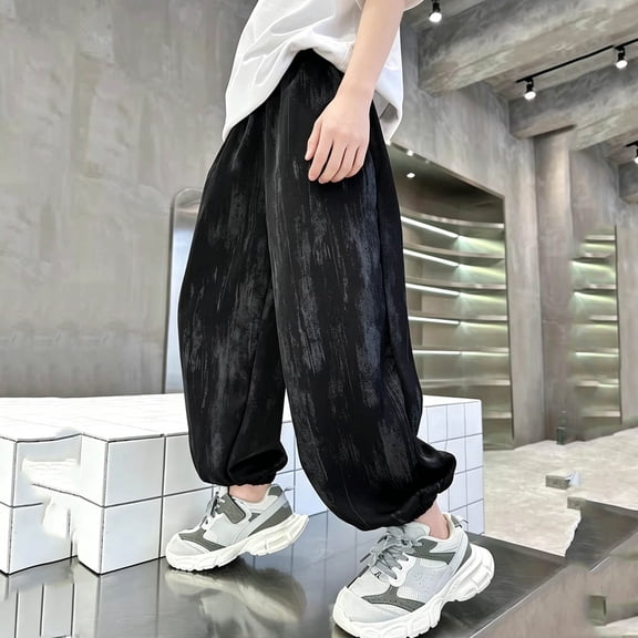 Teen Boys Pull on Joggers 5-15Y Elastic Waist Wide Leg Sweatpants Loose Fit Harem Trousers Casual Outdoor Sports Trousers Black 14-15Years