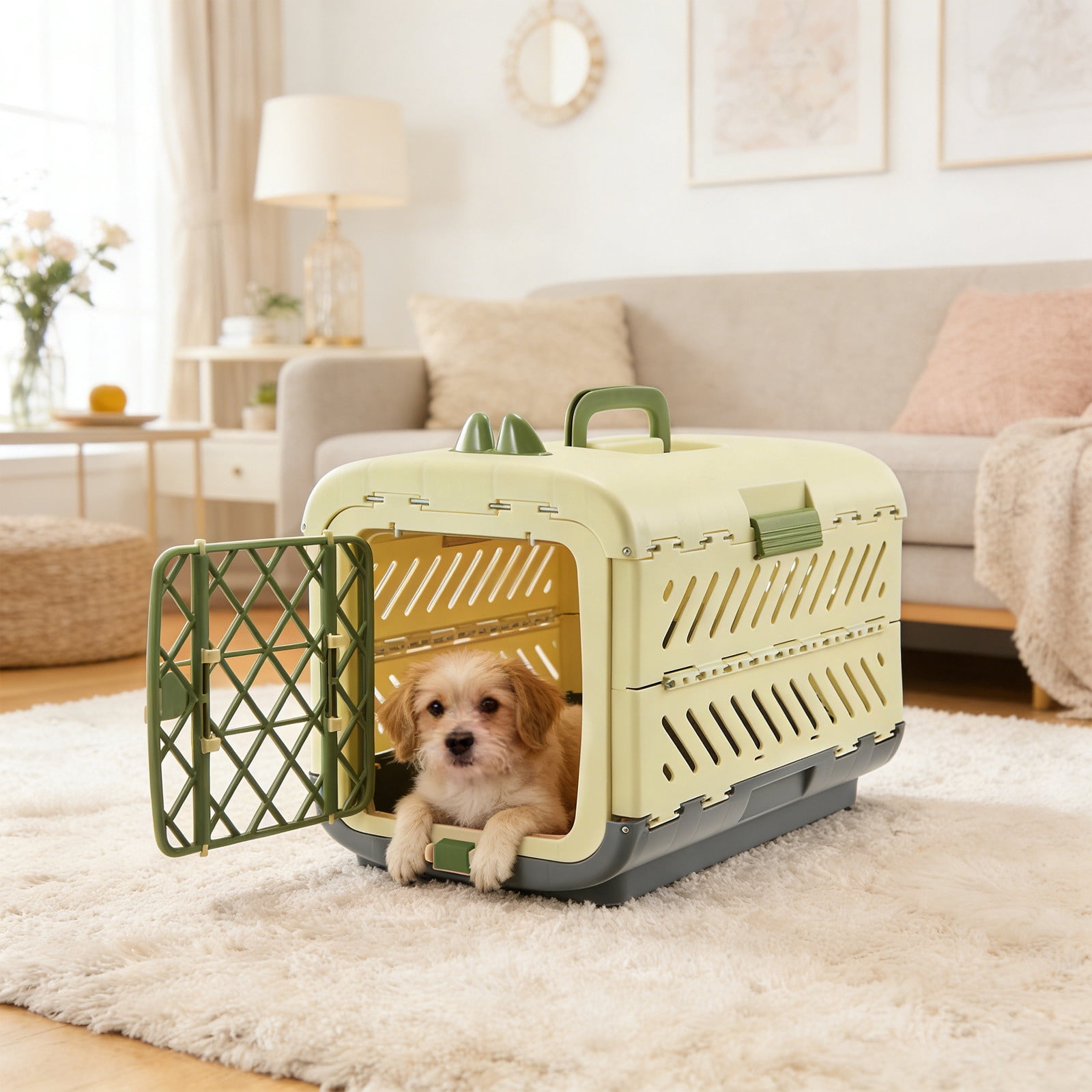 Collapsible Large Pet Carrier, Airline Approved Portable Foldable Dog Cat Travel Crate with Ventilation, Hard-Sided Kennel for Outdoor Use, Green
