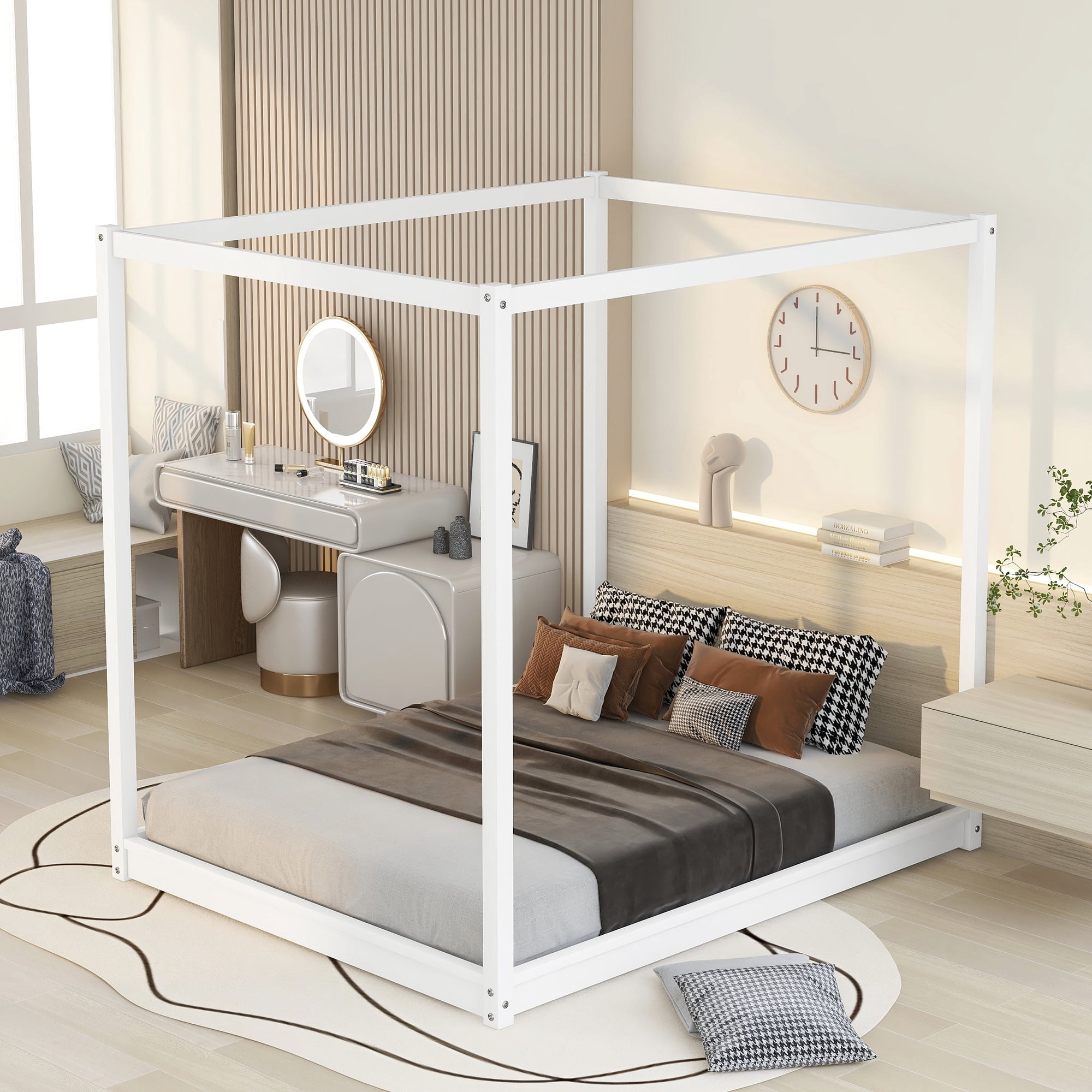 Euroco Wood Queen Size Canopy Bed, White