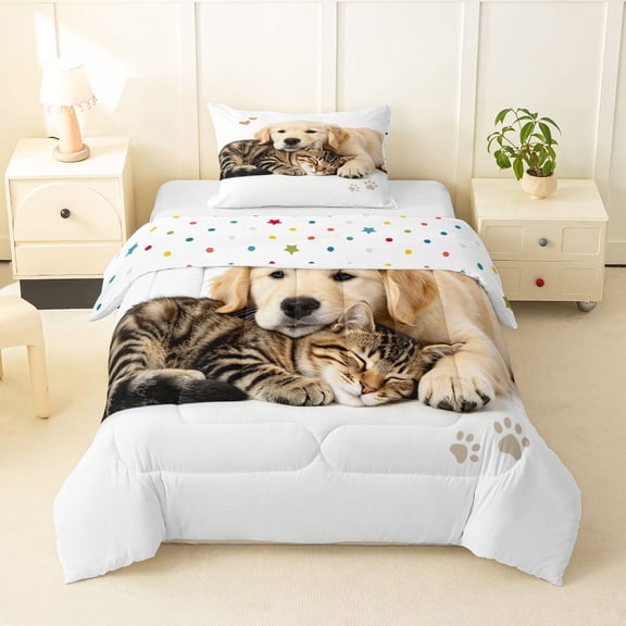Homewish Kawaii Dog Cat Twin Comforter Sets,Pet Love Theme Bedding Set,White,Polkadot Reversible,2-Piece,1 Comforter and 1 Pillowcase
