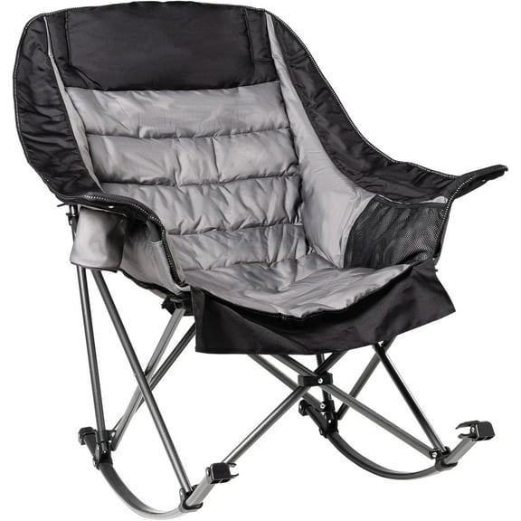 Oversized Rocking Camping Chair for Adults - 400lbs Capacity Padded Camp Chair with Cup Holder, Portable Foldable Outdoor Rocker Chair for Camping, Backyard, Patio (Black & Gray)