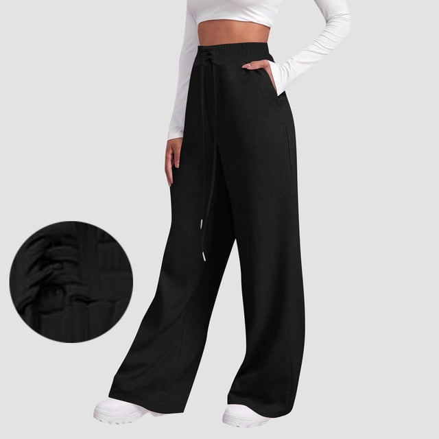 HongQid Women's Elastic High Waist Wide Leg Loose Casual Pants Joggers Lounge Sweatpants with Pockets