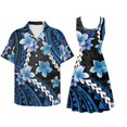 thumbnail image 2 of Jiueut Blue Polynesia Plumeria Palm Leaves Pattern Matchable Couple Hawaiian Men Button Aloha Shirt Women's Summer Tank Dress Sleeveless, Casual Matching Outfit for Beach Vacation Cruise, Size 6XL, 2 of 5