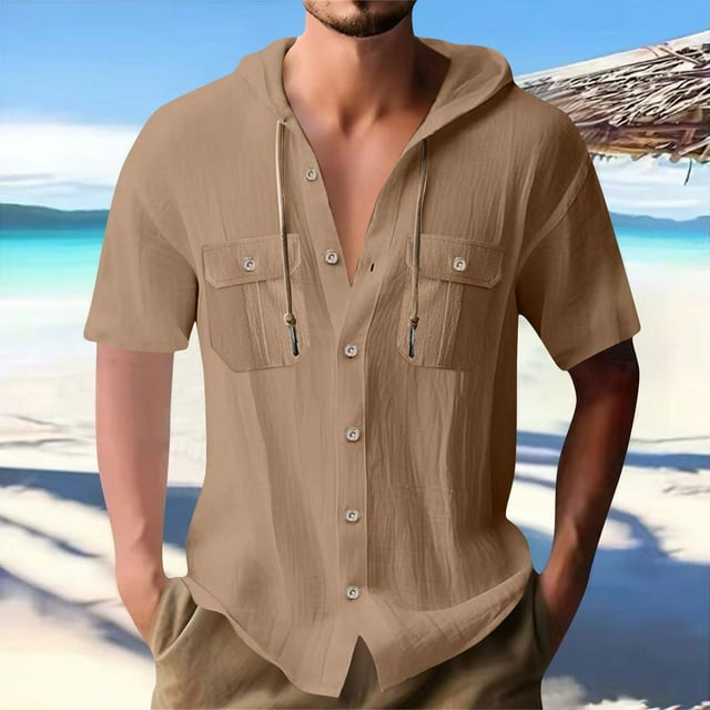 pstuiky Camisas casuales de manga corta para hombre, Blusa informal de manga corta con capucha, botones y bolsillo con cordón de color sólido para hombre. camisetas de hombre m