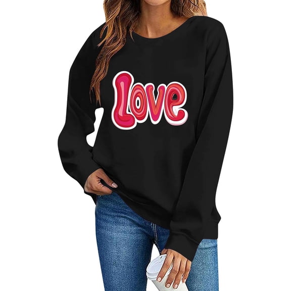Valentines Day Pullover Sweatshirts Women Cute Heart Funny Valentine Sweater Tops Casual Long Sleeve Shirts, S Black