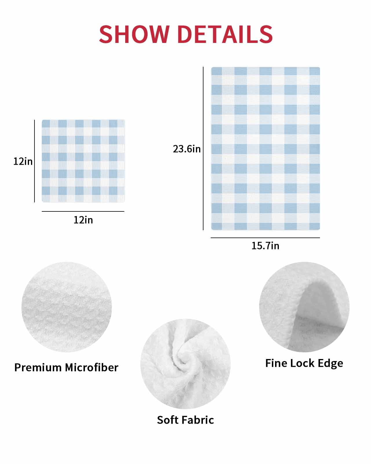 Blue Checkered Dish Towels Set, Waffle Weave Kitchen Towels 3 Pieces, Blue White Buffalo Plaid Microfiber Hair Face Bath Tea Towel Absorbent Quick Drying Cleaning Dish Cloths 12"x12"