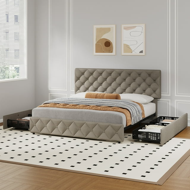 CazToi Lit Grand avec Rangement 4 Tiroirs Tête de Lit Réglable Capacité de 1000 Lb Cadre de Lit en Cuir PU
